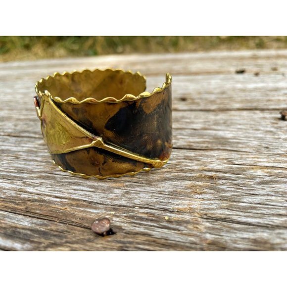Vintage Brass and Copper bangle Cuff Bracelet Brutalist Abstract - Picture 11 of 12